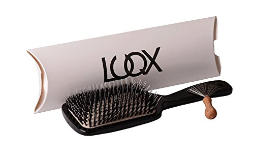 LUQX Haarbürste Spezial: Pneumatikbürste Hairextensions Paddle Brush mit Wildschweinborste und Nylonstiften für beste Auskämmeigenschaften aus Ahornholz schwarz inklusive LUQX Bürstenreiniger Mini