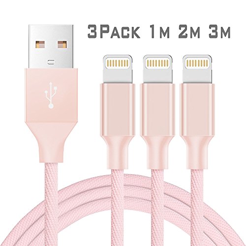 Quntis® 1,2,3m iPhone Ladekabel mit Doppeltem umflochtenem verwicklungssicherem Denim Jeans USB Stecker Datenkabel Aluminum Anschluss Lighting USB Kabel Hohe Qualität Super Robust für iOS10 iPhone 7 7 Plus 7 Pro SE 6s Plus 6 5 5s 5c iPad 4 iPad Mini iPad Air iPod Touch & Nano, Pink