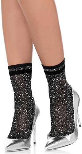 Ladies Pretty Lurex Glitter Socks Anklets Dancer Gold Silver One Size Fashion Contrast Stripes (Black/Silver)