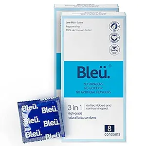 Bleu 3-In-1 Dotted Condoms Ribbed Condoms & Contour Shaped Condoms for Men, Unique THREE- in 1 Experience, With Natural Latex For Extra Sensitive Skin, Masked Latex Smell, Reduced Itch and Irritation . VEGAN CONDOM - (16Count)