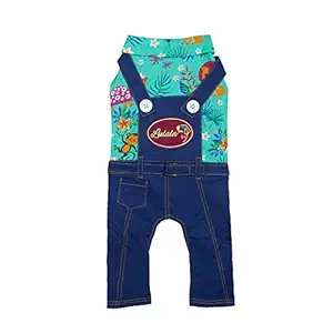Lulala Dog Outfits for Dog Boy Girl Spring Shirts Denim Bib Pants 2 Pockets and 2 Button Jumpsuits Party Suit Jungle Safari Print One Piece Apparel Adorable Overall Pet 4 Legs Autumn(M,Sea Green)