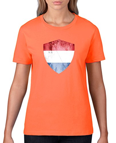 Comedy Shirts – Niederlande Trikot – Wappen: Groß – Wunsch – Damen T-Shirt – Orange / Royalblau Gr. L