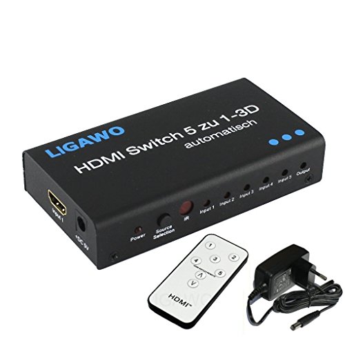 Ligawo ® HDMI Switch 5×1 3D automatisch mit Netzteil (funktioniert auch ohne) – bis zu 5 Geräte an einen Beamer/ Tv - 3