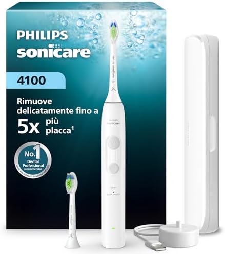 Spazzolino elettrico Philips Sonicare Serie 4100 - Spazzolino sonico con sensore di pressione, 4 impostazioni, EasyStart, SmarTimer, autonomia 21 giorni, custodia, bianco, HX4044/41, [Nuovo]