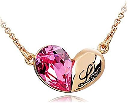 Rose Red Crystal Necklace Asymmetric Heart Necklace Love Carved Pendant Charm Gold Chain For Women