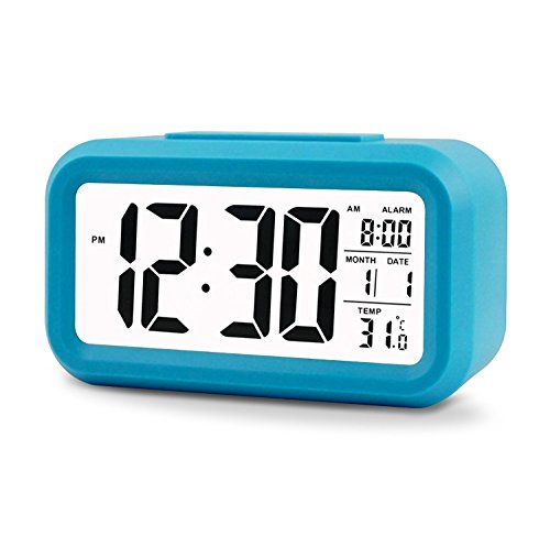 Bosdontek Smart LED-Digital-Wecker Snooze 5 Minuten, bald aufhören Alarmknöpfe, mit Datum, Temperatur-Sensor-Licht (blau)
