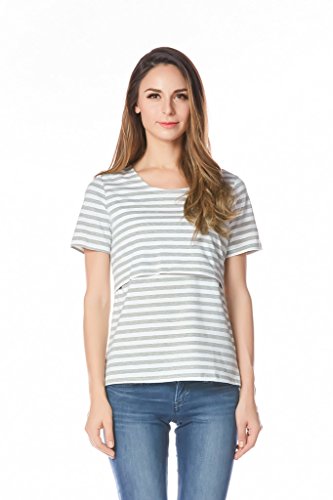 Bearsland Maternity Women's Striped Short Sleeves Maternity Nursing Top Gray/white uk size 10-12