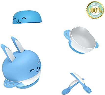 Dotala Baby Toddler Training Stay Put Suction Bowl with Lid,Baby Spoon and Fork,Infant Feeding Tableware 4 set,FDA Approved BPA free Perfect Baby Shower Gift Set (Blue-Bowl+Lid+Spoon+Fork)