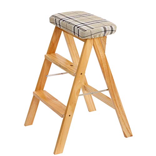 Preisvergleich Produktbild Qujifangtd Tritthocker, Hölzern Dreistufige Leiter Entfernbar Polster- Sitz Hoher Hocker Faltbar Bank (Farbe : Grid)