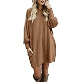 iHENGH Neujahrs Karnevalsaktion Damen Winter Warm Bequem Pullover Mantel Lässig Mode Frauen Solide Oansatz Tasche Lange Langarm Lässige Lose Jacke Coat(Khaki,XL)
