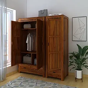 TG Furniture Jali Dual Storage Sheesham Wardrobe Natural,3 door