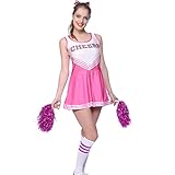 Rosa Cheerleader Kostuem Uniform Cheerleading Cheer Leader mit Pompom Minirock GOGO Damen Maedchen Karneval Fasching -