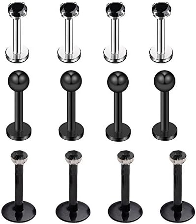 VF VFUN 12PCS 16G Ball &amp; Black CZ Labret Monroe Lip Ring Tragus Helix Earring Stud Barbell Piercing Jewelry Bar Length 8mm