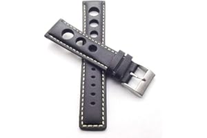 klug-versand 20 mm Rallye Uhrenarmband schwarz, echt Leder mit Lochung Racing mit weißer Naht