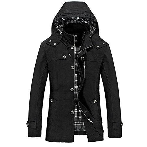 iBaste Herren Mantel mit Kapuze Trechcoat Jungen Jacke Herbst Frhling Slim Fit Fashion bergangsjacke Herrenjacken bergre Mantel Outwear Business Freizeit Schwarz L