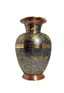 MOZO HUB Hand Crafted Brass Navy Blue Flower vase Jar Pattern