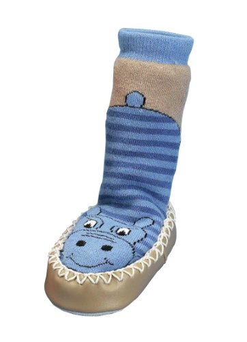 Playshoes Boy's Slipper Moccasin House Shoes Hippo Ankle Socks Blue Size 6-8.5