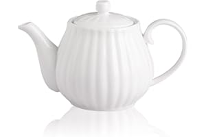 Sweejar Home Teiera in porcellana bianca, teiera in ceramica dal design semplice e creativo a righe, teiera con foglie sfuse, per donne e amanti del tè, 900 ml, 3-4 tazze