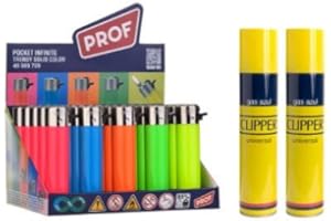 Pack 25 Uds. Mechero Encendedor Redondo Recargable con Piedra recambiable + Pack DE 2 Clipper Gas ISOBUTANO 300 ML para MECHEROS Exclusivo de DISPAU (Trendy Solid Color)