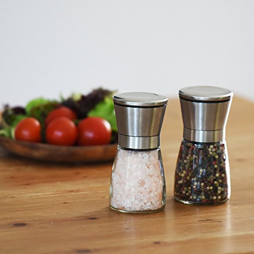ALBARGO – Salzmühle – Pfeffermühle im 2er Set, manuelle Kräutermühle – Gewürzmühle mit Keramikmahlwerk verstellbar, für Gewürze Salz Pfefferkörner Meersalz Chili, Salz & Pfeffermühle Glas / Edelstahl - 6