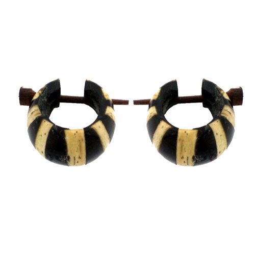 Bois Chic-Net cerceau boucles d'oreilles bois-noir-beige Hoop sculptés à la main à partir de bois de noix de coco et 16mm de résine de Pin Boucles d'oreilles