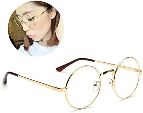 Round Retro Metal Frame Clear Lens Glass Vintage Geek Glasses (Gold)