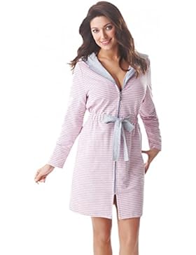 Aquarti Damen Bademantel mit Kapuze und Reißverschluss Reine Baumwolle Morgenmantel Saunamantel Streifen-Muster