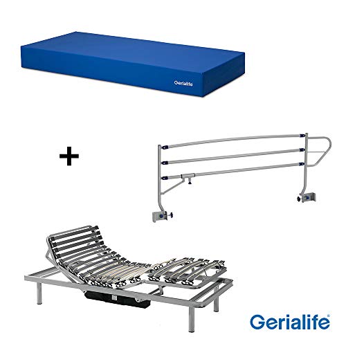 Gerialife® Pack Cama articulada eléctrica | Colchón Sanitario viscoelástico | Barandillas abatibles | Patas más Altas (90x190, Plateado)