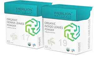 Henna & Indigo Powder by Merlion Naturals | Lawsonia inermis/Indigofera tinctoria | 100% Natural | (200gm (2 x 100gm Each))
