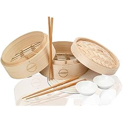 Sumbay Cuiseur Vapeur Cuisine Bambou - Panier Vapeur en Bois de Bambou - Cuisson Vapeur Rouleau de Printemps, Wonton, Dim Sum, Boulettes Viande, Poulet, Poisson, Légumes - Livre de Cuisine Chinoise