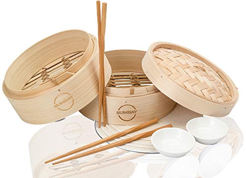 Sumbay Cuiseur Vapeur Cuisine Bambou - Panier Vapeur en Bois de Bambou - Cuisson Vapeur Rouleau de Printemps, Wonton, Dim Sum, Boulettes Viande, Poulet, Poisson, Légumes - Livre de Cuisine Chinoise