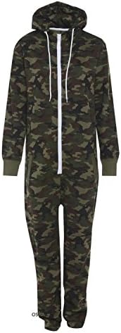 Oska OnesieMens Unisex Onesie Full Camouflage Camo 2 Army Print Zip Up All in One Hooded Army Jumpsuit Playsuit Brushed Fleece Inside
