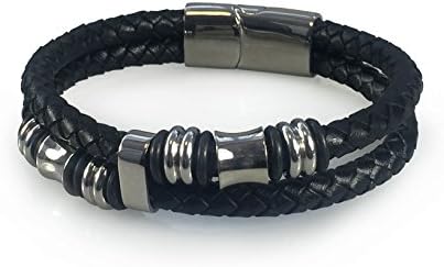 Mens Surfer Leather Bracelet Braided Boy Wristband Wrap Cord Bead Set In Handy Reusable GIiftbag (Black / Titanium)