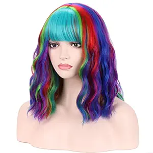 RightOn 14 Short Curly Women Girls Charming Synthetic Wig with Air Bangs Wig Cap Included (Rainbow)