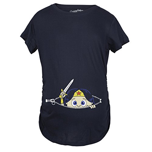 Crazy Dog Tshirts - Maternity Peeking Women Warrior Superhero Pregnancy Shirt (Navy) - M - Camiseta De Maternidad