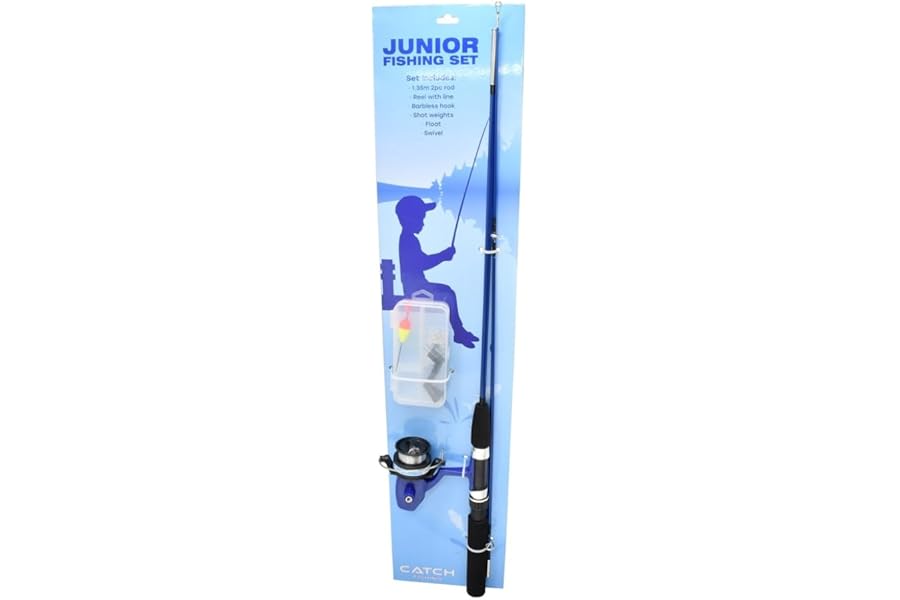 Catch Fishing Junior Fishing Set, 1.35m Two Piece Rod with Reel, Barbless Hooks, Shot Weights, Float, Swivel, Complete Starter Kit for Young Anglers, Blue (blue)