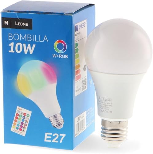 M Ledme - Lampadina LED Colori 10W RGBW E27 A60, con telecomando, Dimmerabile, 700LM, RGB+6000K luce fredda, cambio colore, colore chiaro, LM7143