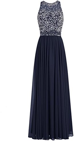 M Bridal Women's Beaded Sequines Illusion Crew Neck Long Prom Homecoming Dress Navy US Size 10