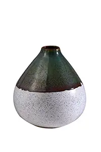 Caffeine Ceramic Handmade White and Green Oval Shape Flower Vase (Set of 1 )