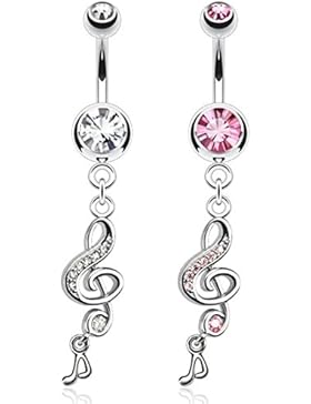 Paula & Fritz® Bauchnabelpiercing aus Edelstahl Chirurgenstahl 316L Anhänger Violinenschlüssel mit Zirkonia farblos...