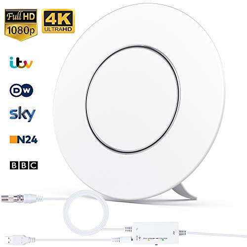 Antena de TV,Antena Redonda de TV,Digital para Interiores de Alcance de 200KM con Amplificador Inteligente de Señal, Adecuada para Canales de TV Gratis 1080P 4K, Amplificador con Cable Coaxial de 5M