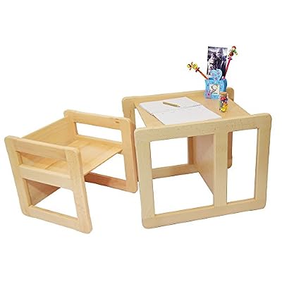 Obique 3 en 1 Mobilier Multifunctionnel pour Enfants Ensemble de 2, une Petite Chaise ou Table et une Grande Chaise ou Table en Bois de Hêtre, Vernis Naturel