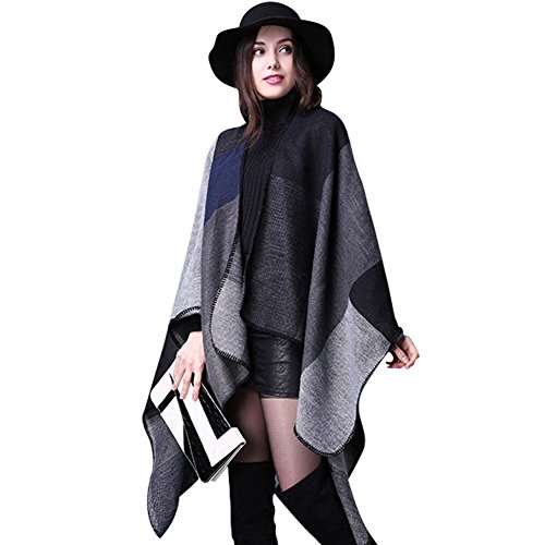 MEIWO Manta de tamaño Completo Reversible para Invierno para Mujer Poncho Plaid patrón Abrigo mantón Rayas cárdigan(Negro)