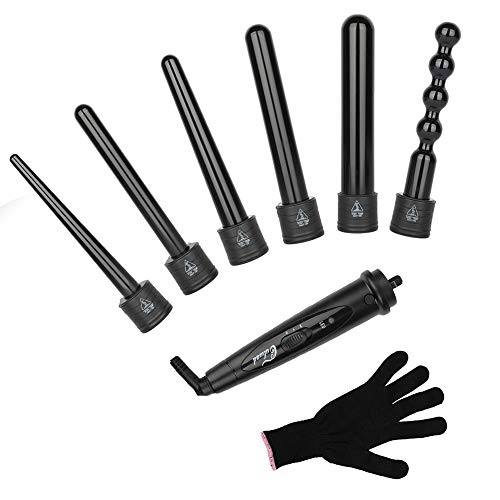 Culwad 6 in 1 Lockenstab,Lockenwickler Set Multifunktions Verschiedene Frisuren + 6 Austauschbaren Stäben mit Handschuh, Keramikbeschichtung mit Turmalin - Verpackung MEHRWEG