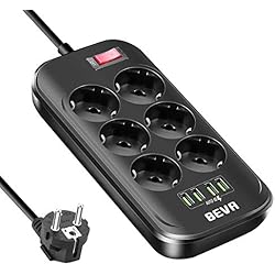 BEVA Multiprise avec 6 Prises et 4 USB 2,4A Maximum, Prise Multi avec Interrupteur, Câble de 2m, Parasurtenseur Parafoudre et Surtension pour Smartphone Tablette, à la Maison et au Bureau 2500W / 10A
