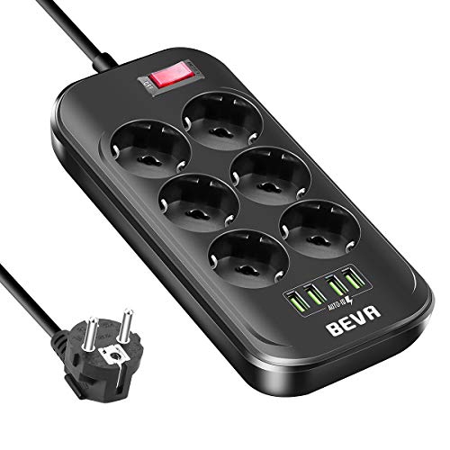 BEVA Multiprise avec 6 Prises et 4 USB 2,4A Maximum, Prise Multi avec Interrupteur, Câble de 2m, Parasurtenseur Parafoudre et Surtension pour Smartphone Tablette, à la Maison et au Bureau 2500W / 10A