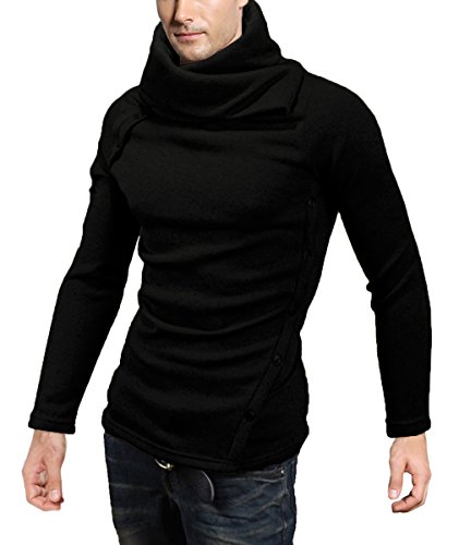 DJT Men Stylish High Collar Slim Fitted Long Sleeve Casual Pullover Top Sweater Sweatshirt Shirt Black X-Large
