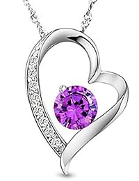 Wonvin Mujeres 925 Plata Cúbicos Zirconia Amatista Corazón Colgante Collar Amor en el Corazón con 18 pulgadas de color de la cadena de color púrpura