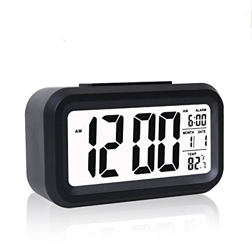 Bosdontek Smart LED-Digital-Wecker Snooze 5 Minuten, bald aufhören Alarmknöpfe, mit Datum, Temperatur-Sensor-Licht (schwarz)