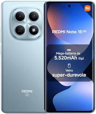 XIAOMI REDMI Note 15 5G, Smartphone 8+512GB, Design ultrasottile, Resistenza IP65, Fotocamera super nitida da 108 MP, Display FHD+ da 6,77", Blu Ghiacciaio, Garanzia 2 anni, Caricatore non incluso